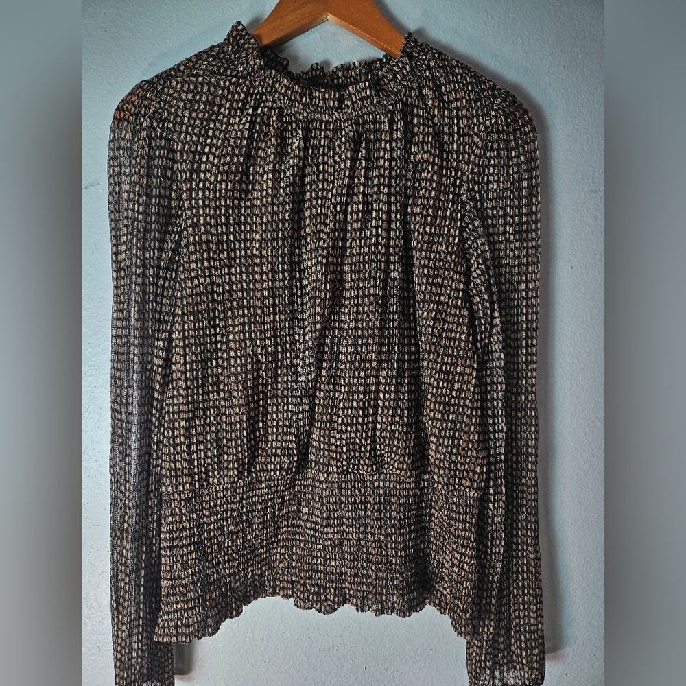 Joie Sheer Black Brown and Gold Grid Blouse